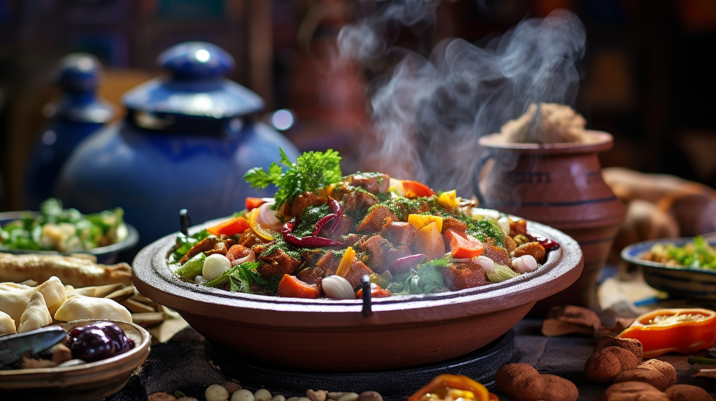 A freshly cooked, delicious-looking tagine dish.