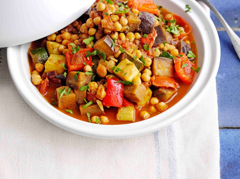 A picture of a vegetable tagine with chickpeas. Gluten free, vegan and vegetarian. 